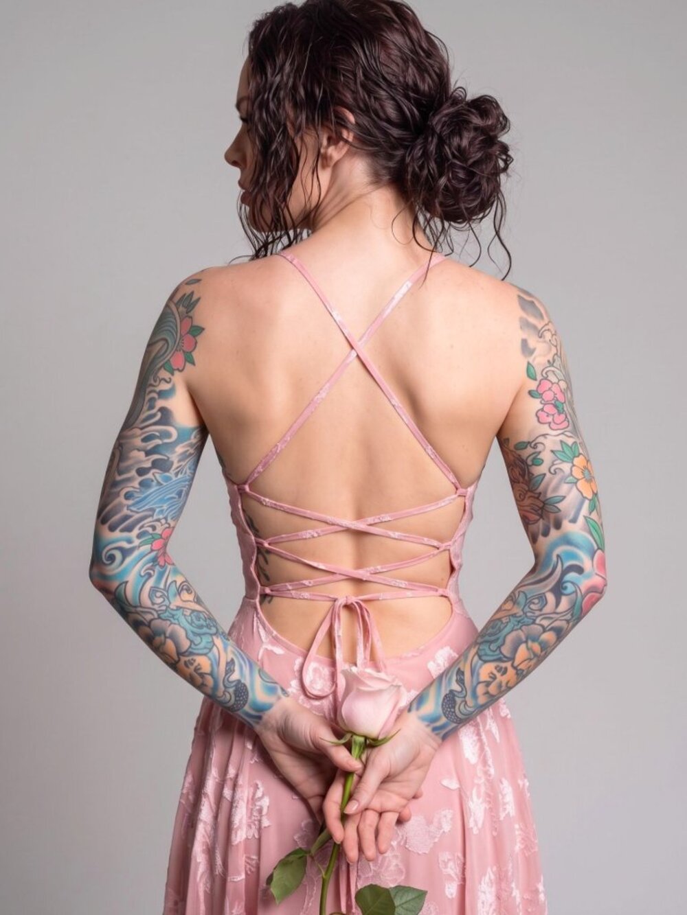 Windsor Luxe ✦ Floral Brocade A‑Line Formal Dress ✦ Pink Cowl Lace‑Up Back NWT